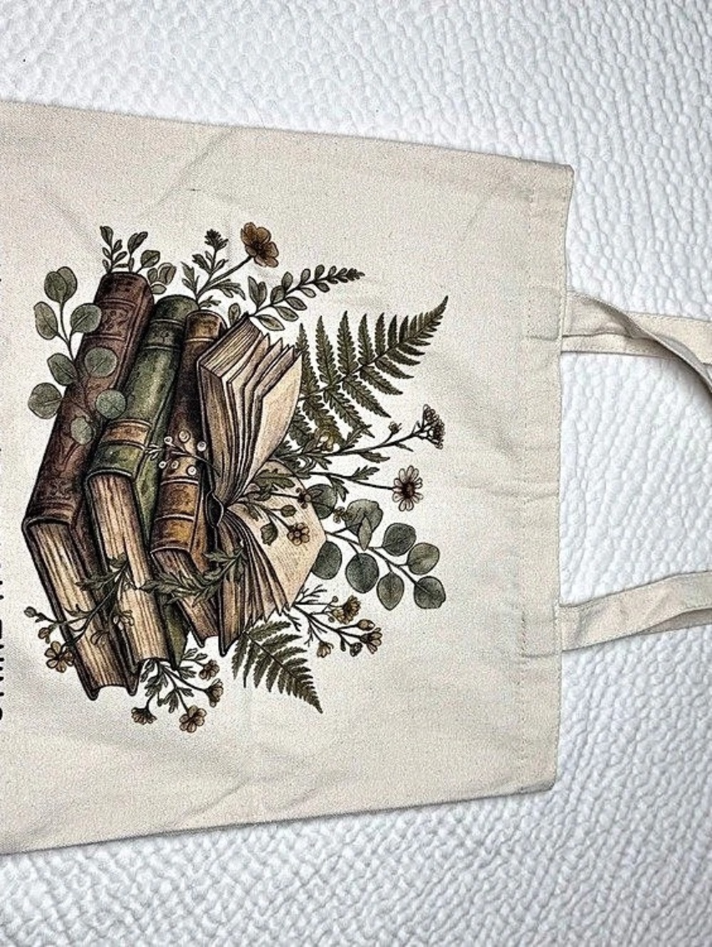 Book Lover Floral Canvas Tote Bag “Too Many Books” Cream
